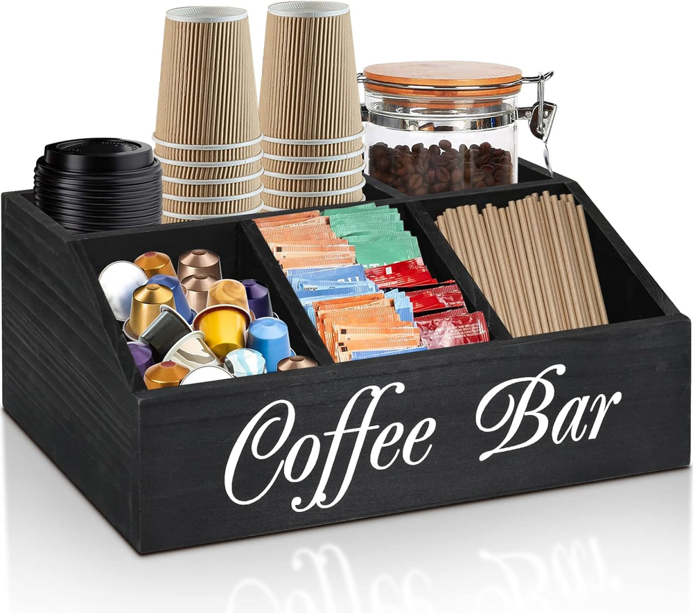 Coffee Station Organizer for Counter, Wood Coffee Pods Holder Storage Basket, Te