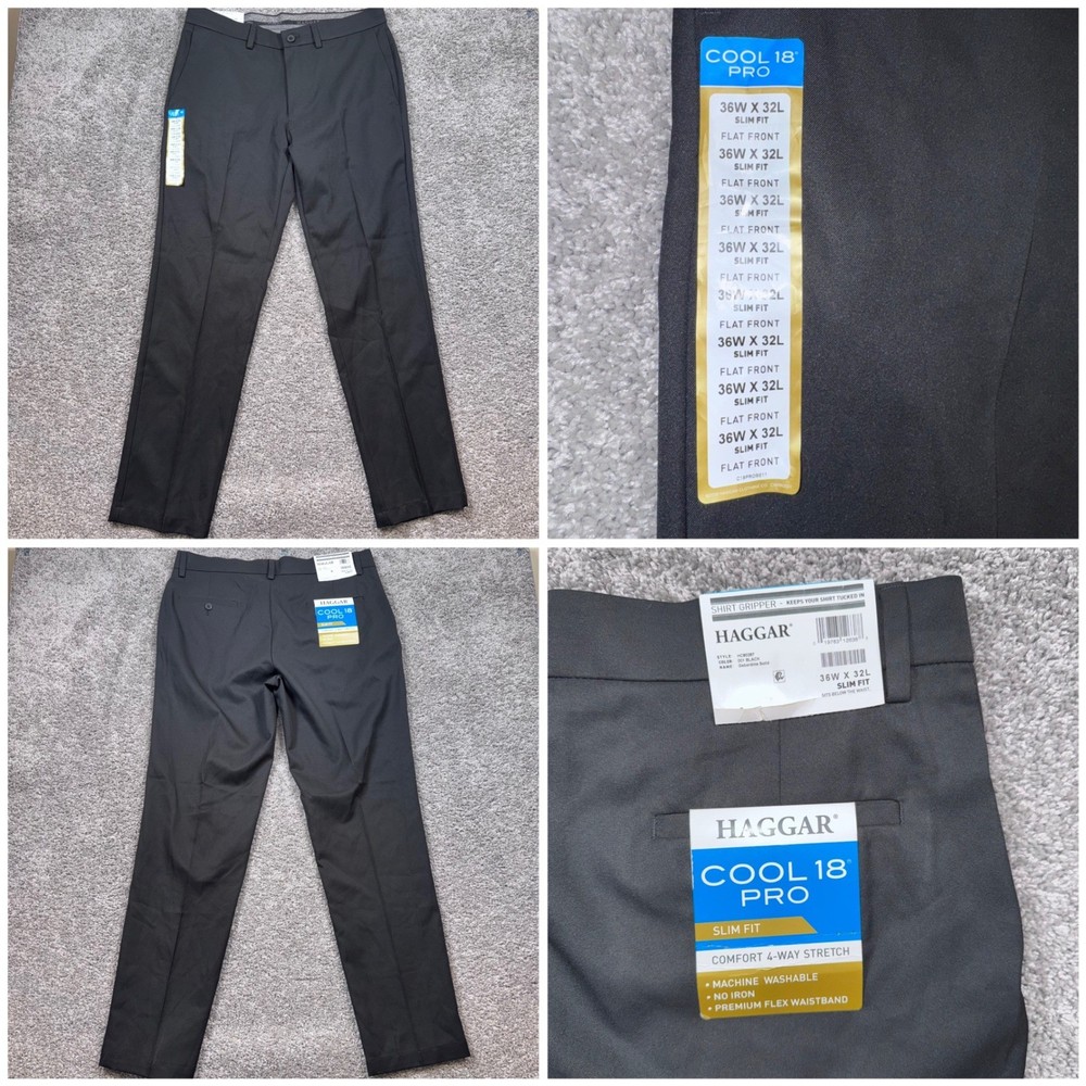 Haggar Cool 18 Pro Pants Mens Slim Fit Stretch Black 36x32 NEW