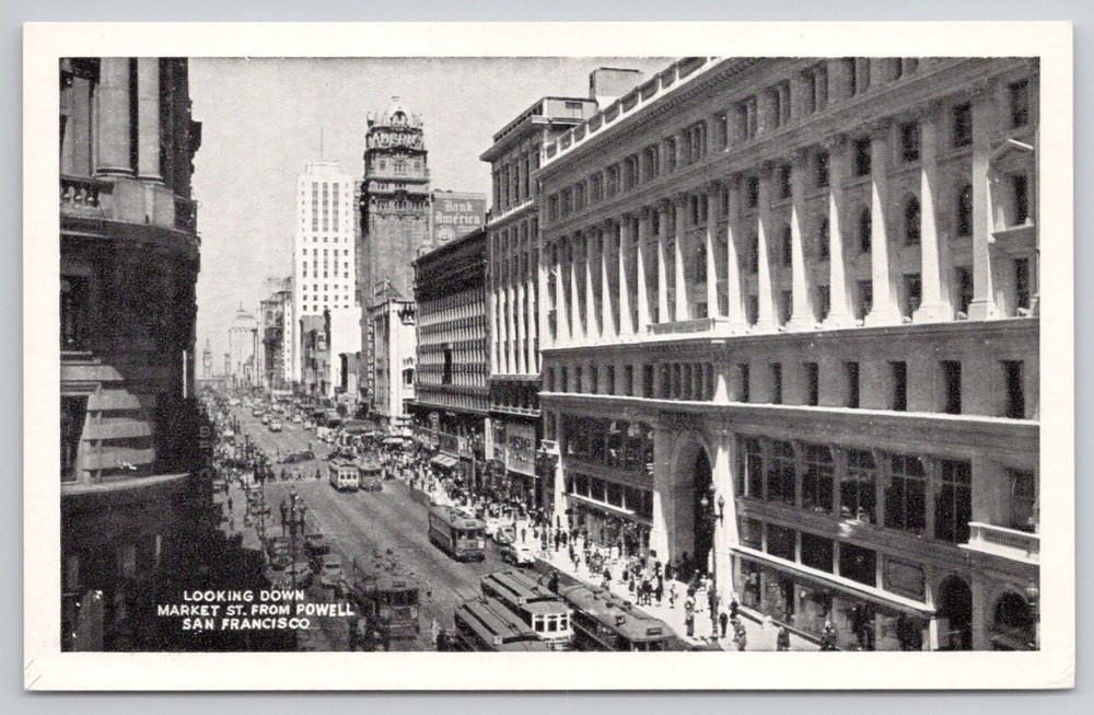 Market Street San Francisco CA Vintage Postcard Powell St Cable Car Bank of