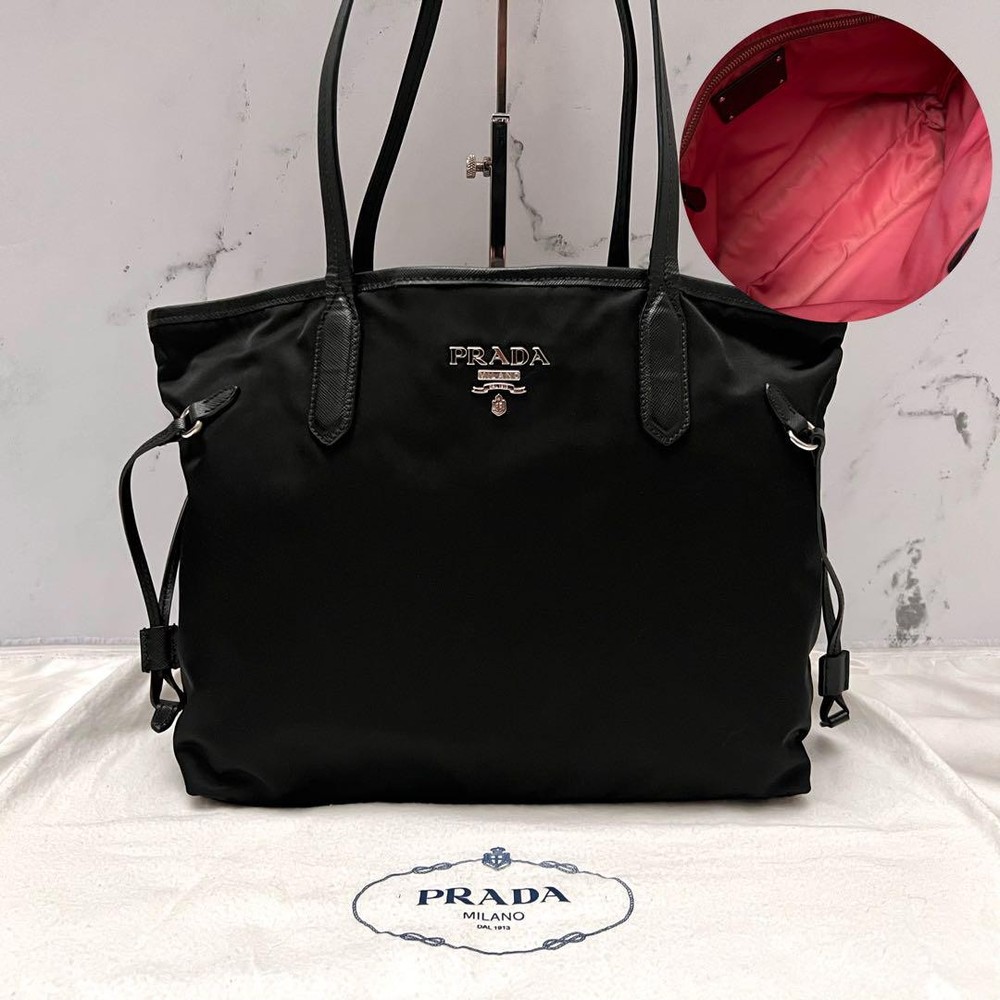 Prada Tote Bag Nylon Leather Black Logo Fittings Pink Lining