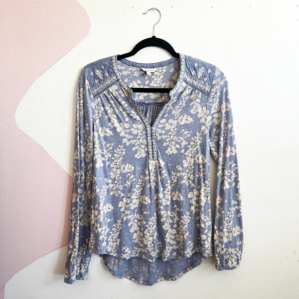 Lucky Brand Boho Embroidered Peasant Top Blue Long Sleeve Cotton Casual Small