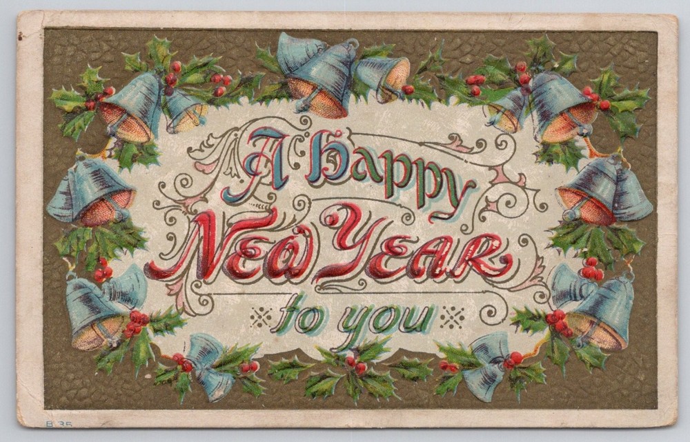 1910 Scranton PA Embossed Bells Holly Happy New Year Postcard Posted