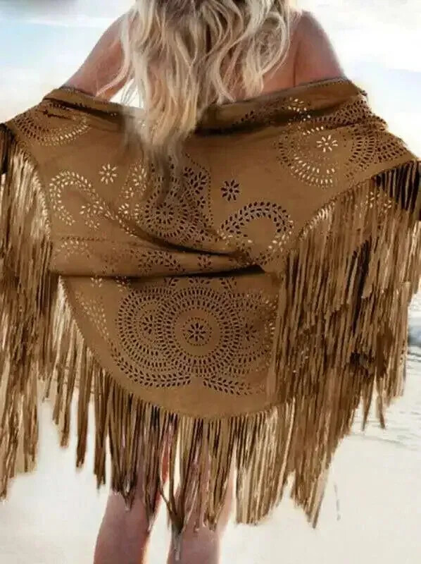 2025 Suede Floral Hollow Out Fringe Tassel Shawl Women Vintage Capes Ponchos