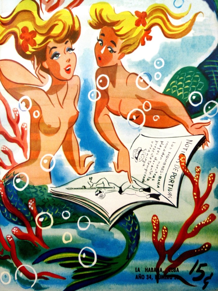 8083.Topless blonde mermaids underwater reading newspaper.POSTER.art wall decor
