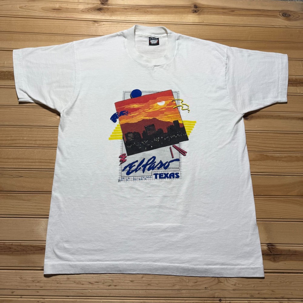 Vintage 80s El Paso Texas City Skyline Sunset Graphic Souvenir T-Shirt USA - XL