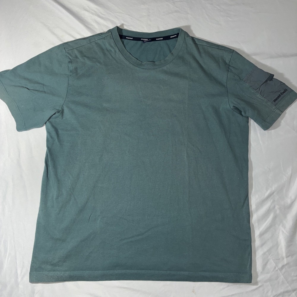 Montbell T-Shirt Mens Large Gray Green Short Sleeve Hiking Pocket Sleeve