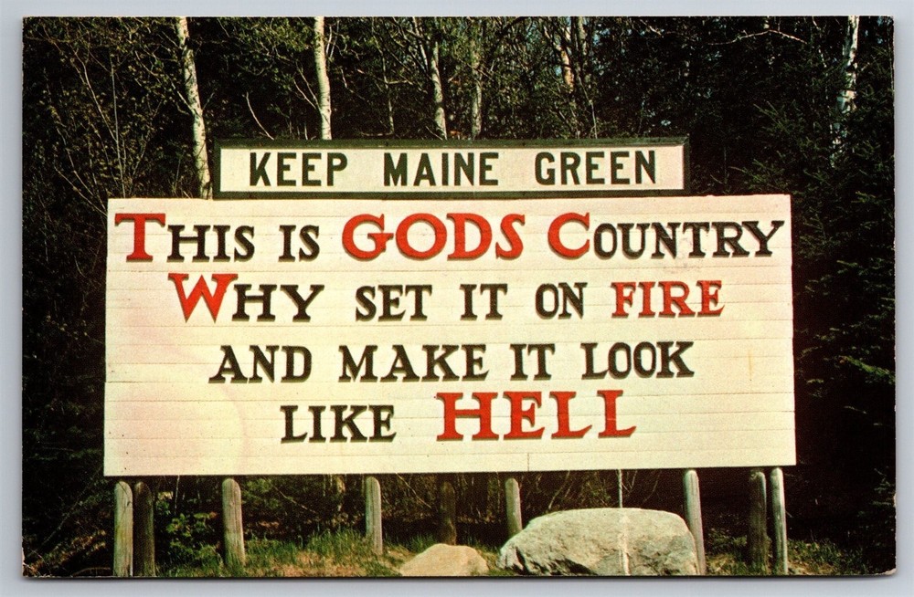 Road Sign Gods Country Why Set It On Fire Make It Look Like Hell ME Postcard L10