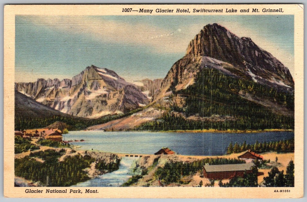 Vtg Linen Postcard Many Glacier Hotel Glacier National Park, MT 1940s