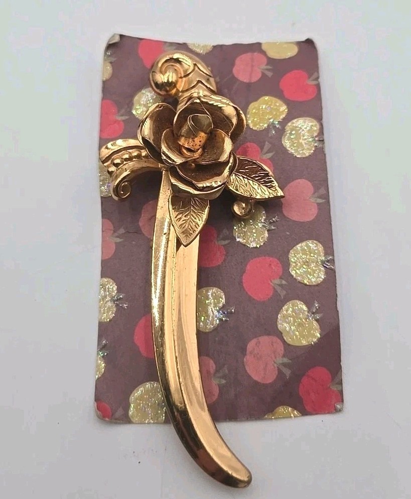 Vintage Gold Tone Rose Brooch Pin Long Stem Flower Floral Statement Costume...