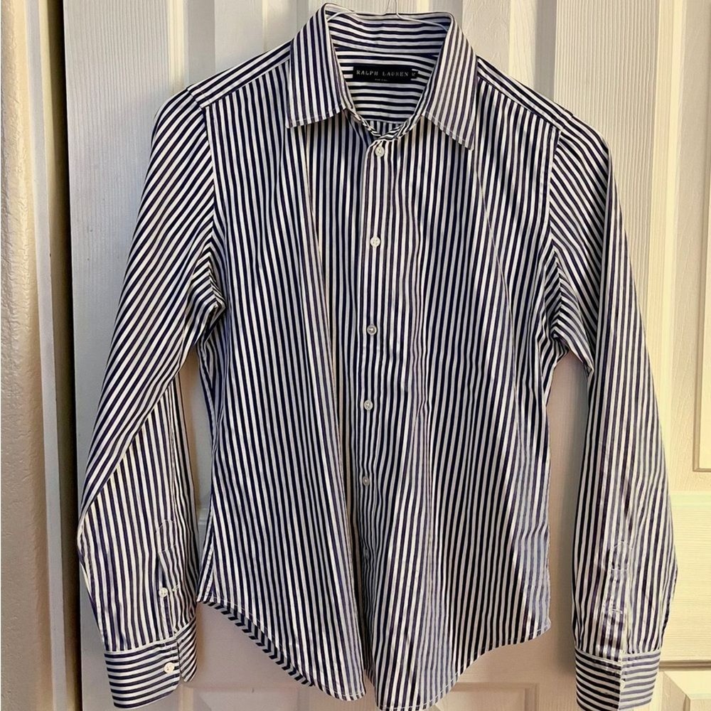 Classic Ralph Lauren women’s Navy and White Striped Dress Shirt in size S-M