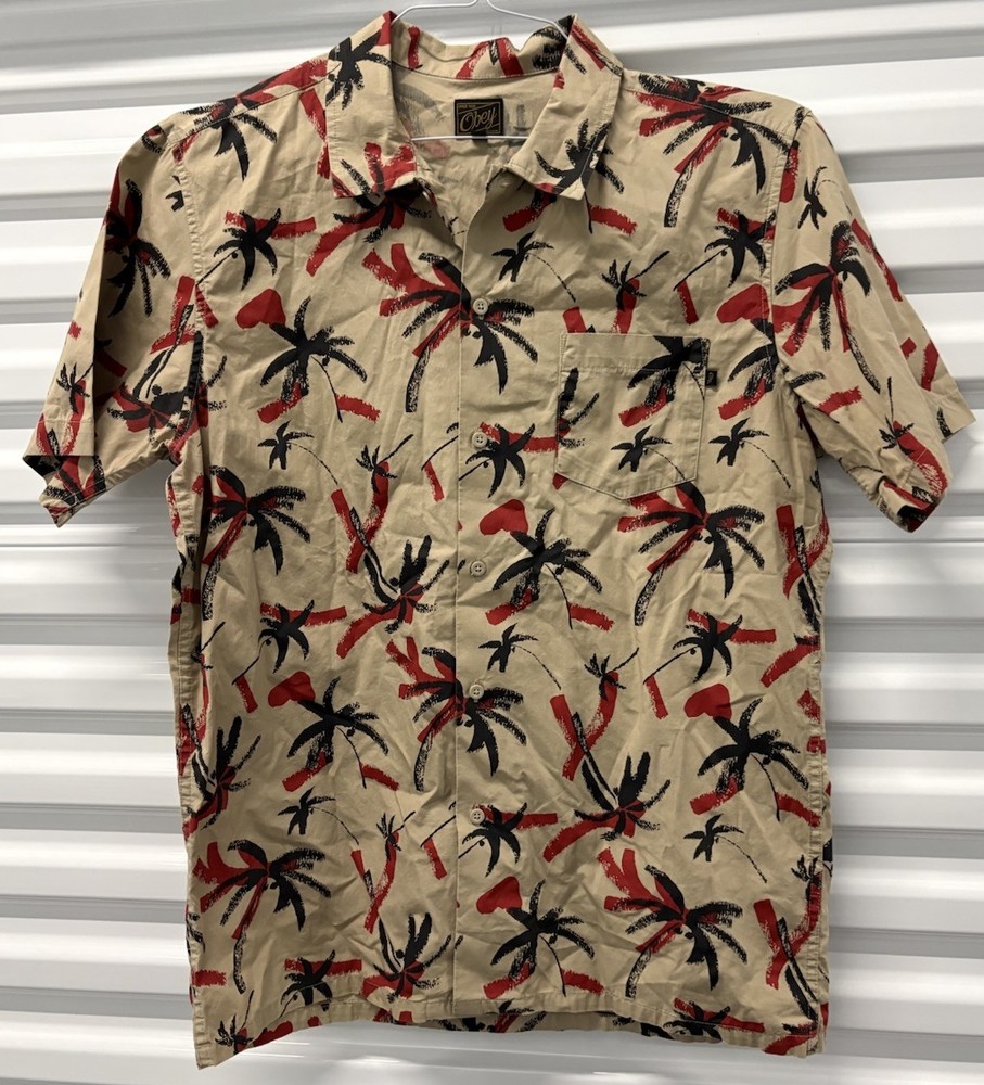 Obey Shirt Men's M Tan Red Black Palm Trees Button Up Dark Abstract Hawaiian-image