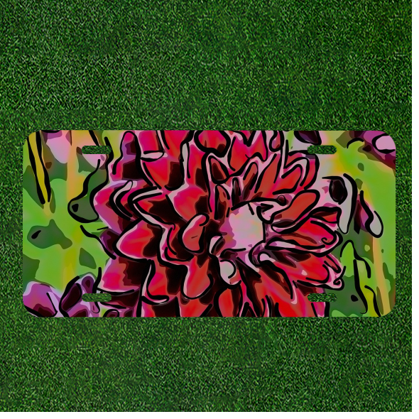 Custom Personalized Auto Tag With Colorful Splash Red Flower Design Art