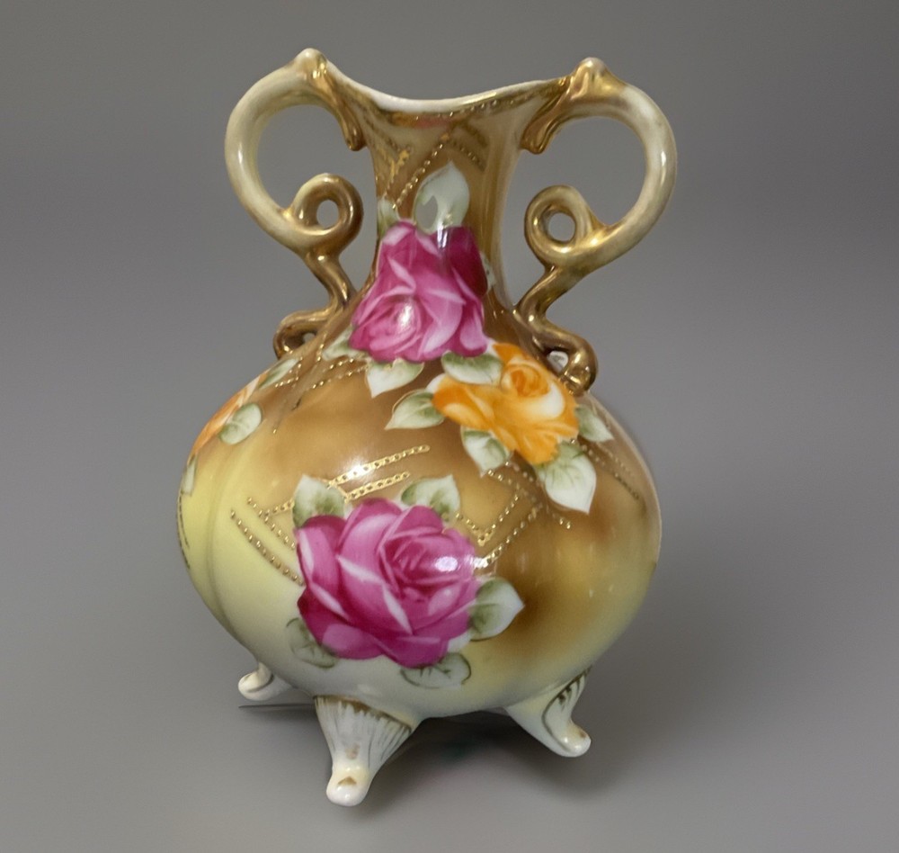 Antique Nippon Hand Painted Bone China Beaded Gold Trim Two Handle Vase