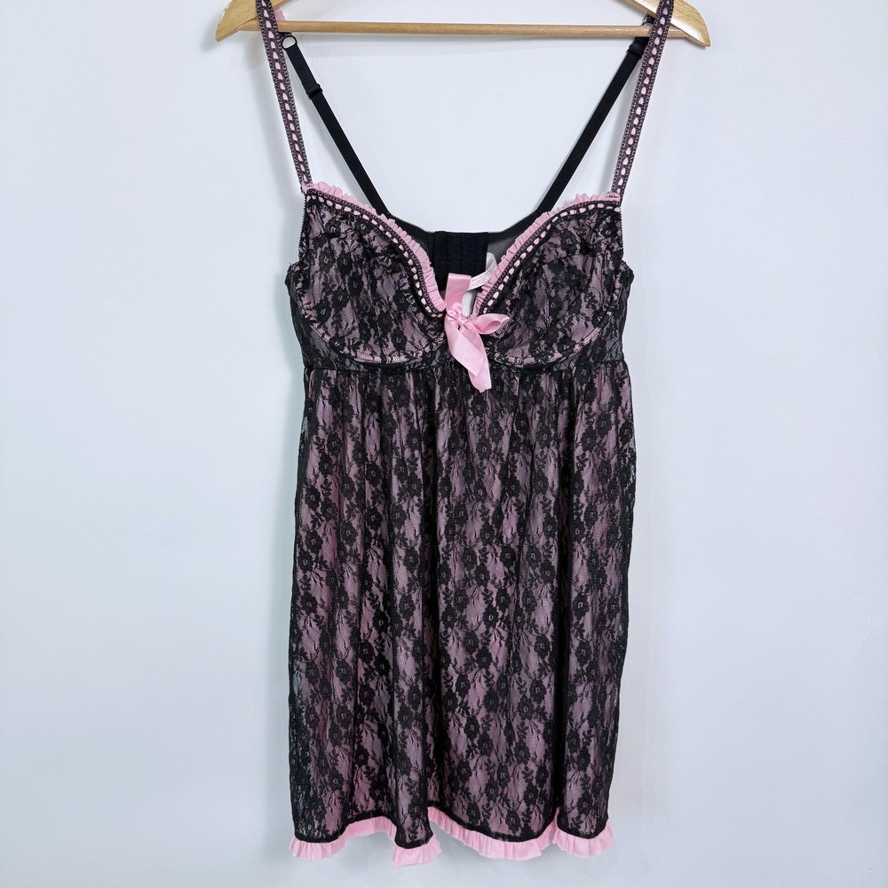 Cacique Babydoll Chemise Lingerie Size 14/16 Pink Black Lace Ribbon Nightie