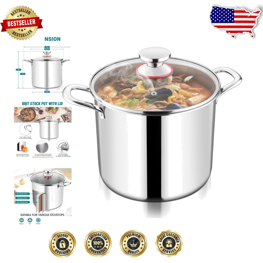 Nontoxic 10 Quart Cooking Pot with Tempered Glass Lid - All Stovetop Compatible