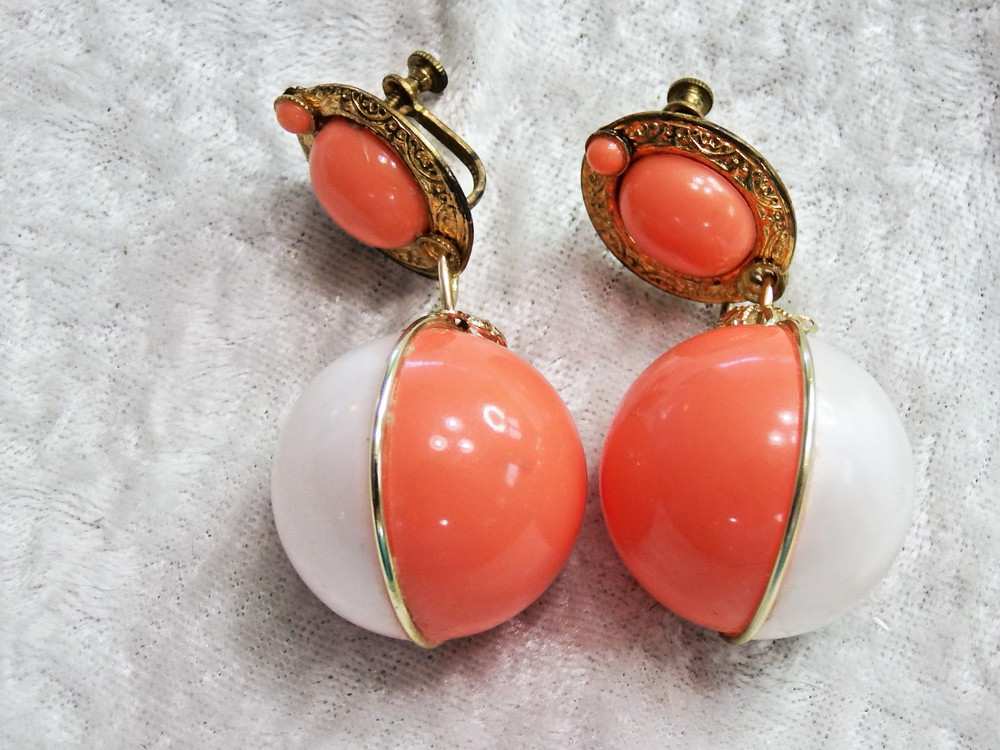 Vintage Orange & White Dangle Ball Screw Back Earrings