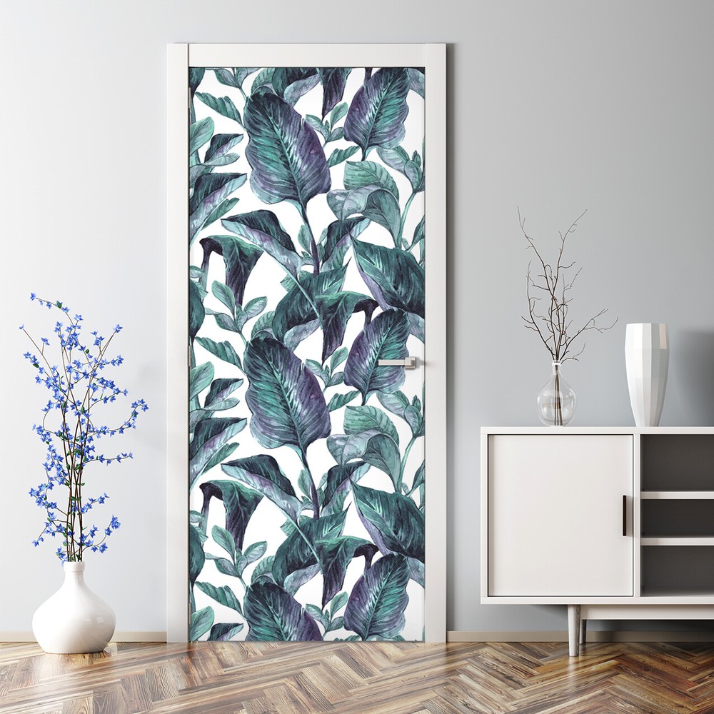 Door Decal Sticker Watercolour Exotic Leaves Traditional Palms Jungle Decor