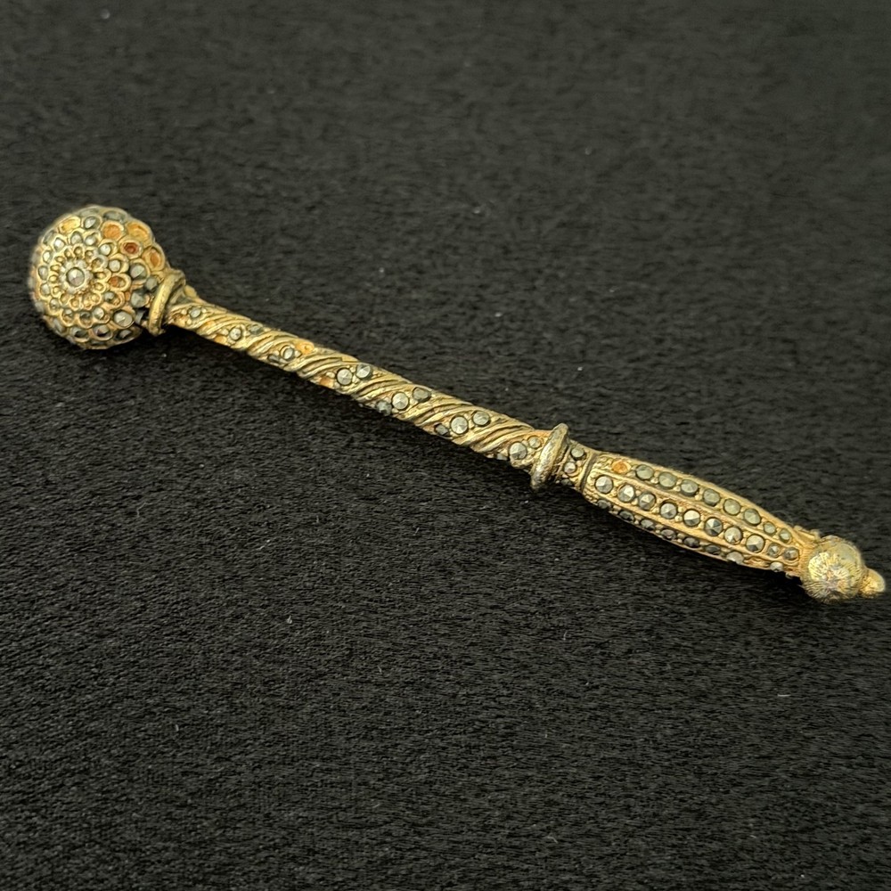 Vintage Les Bernard Signed Marcasite Gold Tone Long Bar Brooch Pin