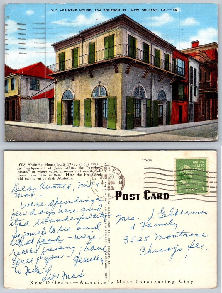 Old Absinthe House New Orleans LA Postcard Jean Lafitte Bourbon Street 1940s-image