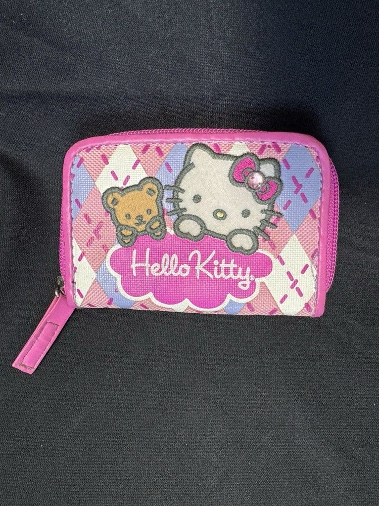 Vintage 2007 Sanrio Hello Kitty Pink Plaid Zip Wallet w/ Teddy Bear Bow Gem EUC