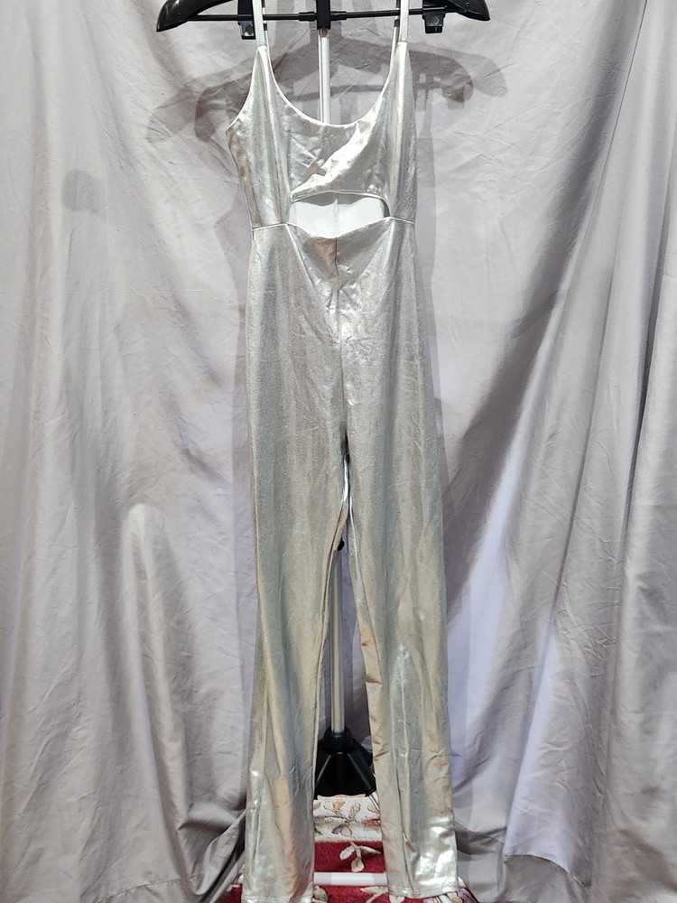 Fashion Nova Size M Silver Metallic Spaghetti Strap Cut-Out Pant Jumpsuit
