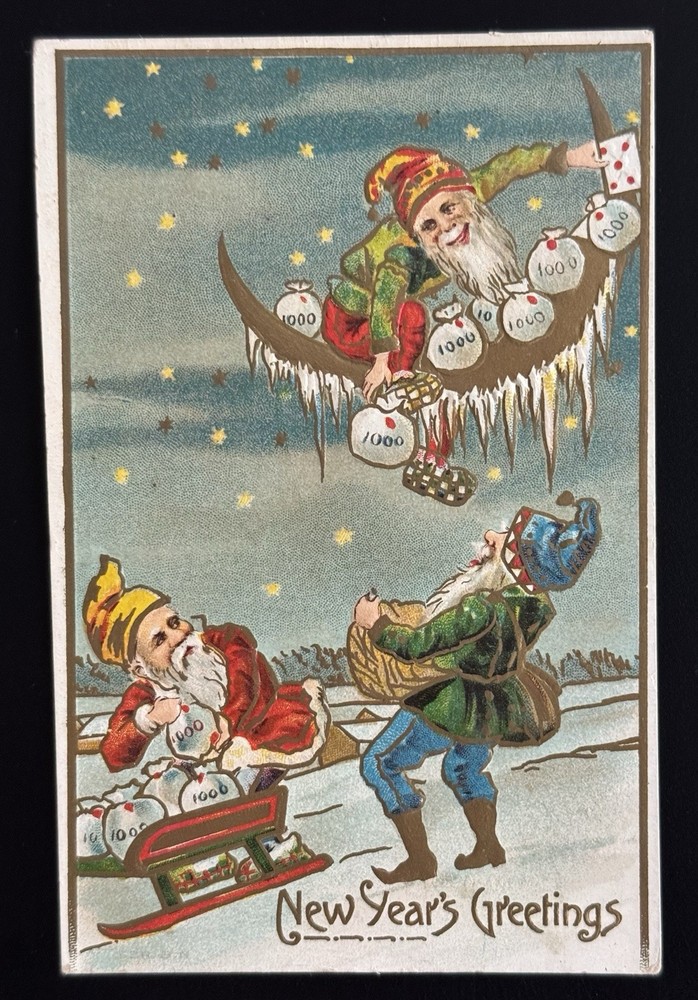 Antique New Year Postcard Gnomes Money Bags Crescent Moon Embossed Germany