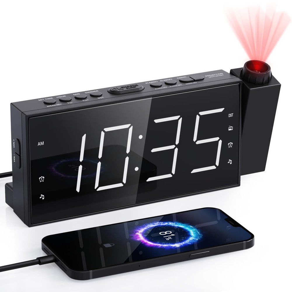 Projection Alarm Clock with FM Radio Large Display Dimmer USB Charger