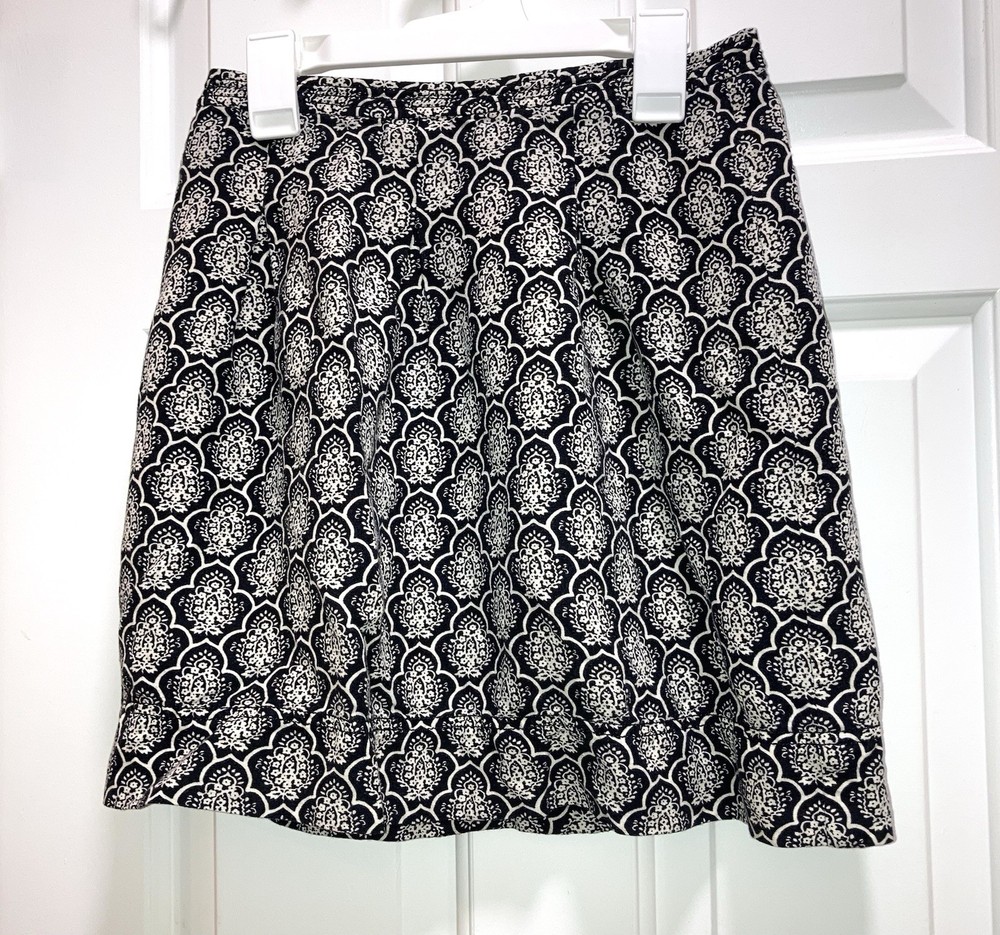 Ann Taylor LOFT Women's 2 Black Cream Damask Tapestry Linen Blend Zip Mini Skirt