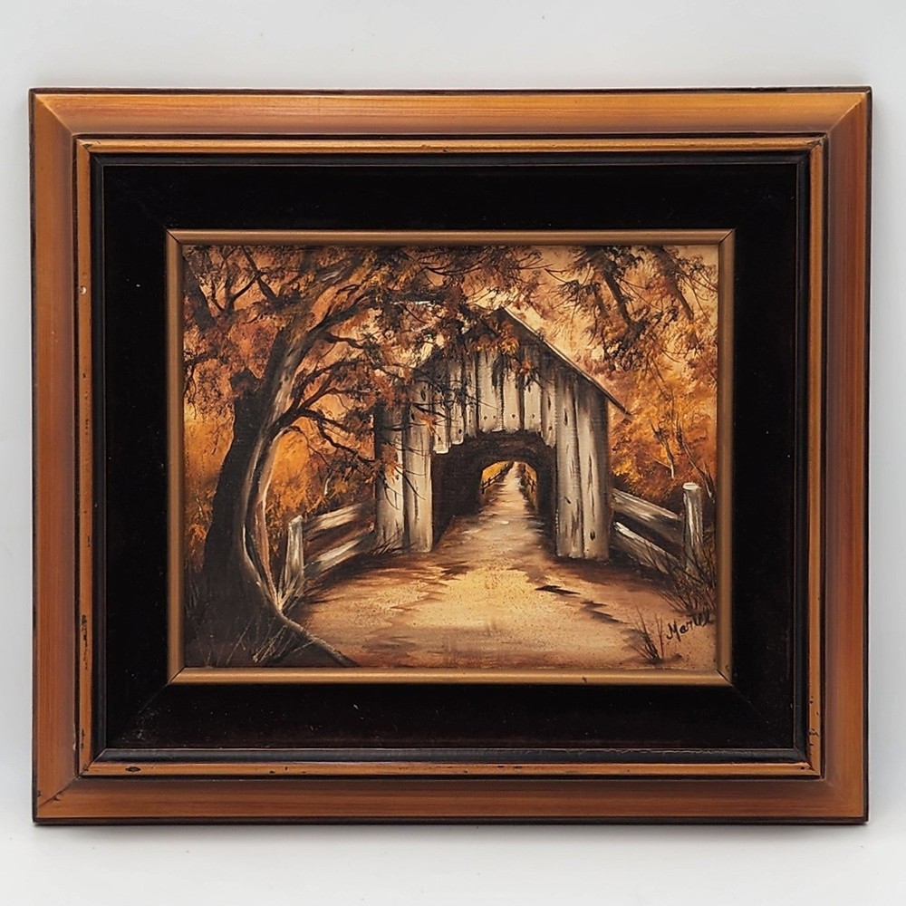 Martel Signed Original Oil Painting Vintage Covered Bridge Autumn Landscape Art