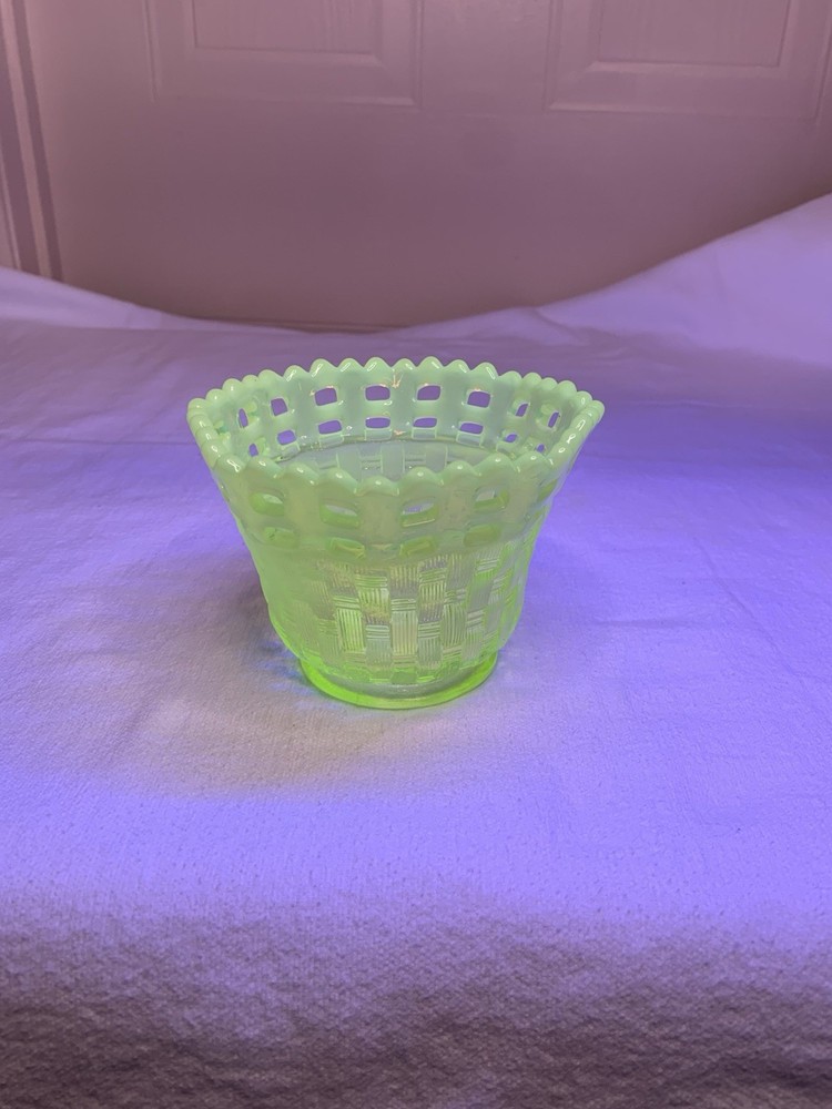 Fenton Green Vaseline Glass Vintage Basket Weave Open Lace Vase