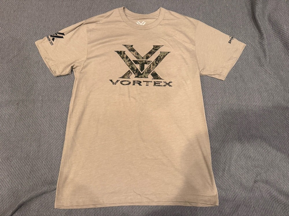 Vortex Unisex T-Shirt -Size Small Tee - Tan - Tagless Collar - Soft Fabric!