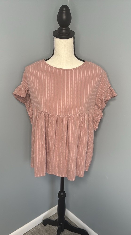 Altar’d State Women’s Pink Stripe Ruffle Sleeve Blouse Top Sz S
