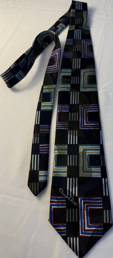 Oscar de la Renta Studio Men's Navy Multicolor Geometric 100% Silk Tie