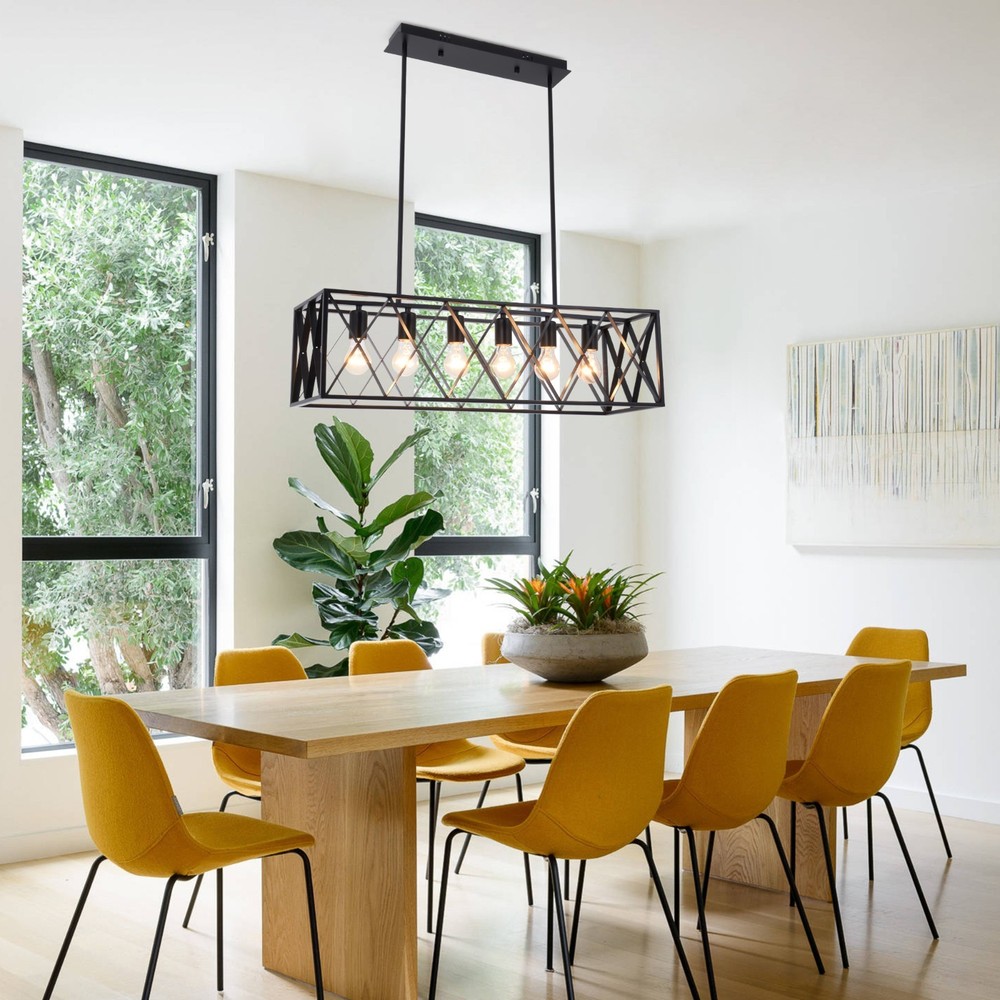 Industrial 6-Light Rectangle Pendant Light Iron Adjustable Hanging Ceiling Lamp
