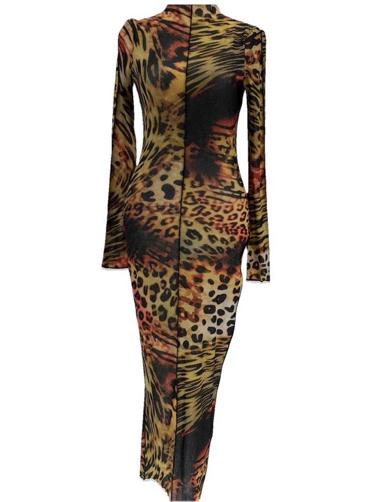 Blanc Leopard Print Mesh Sexy iMaxi Dress - Long Sleeve, Sheer Bodycon Sz Small