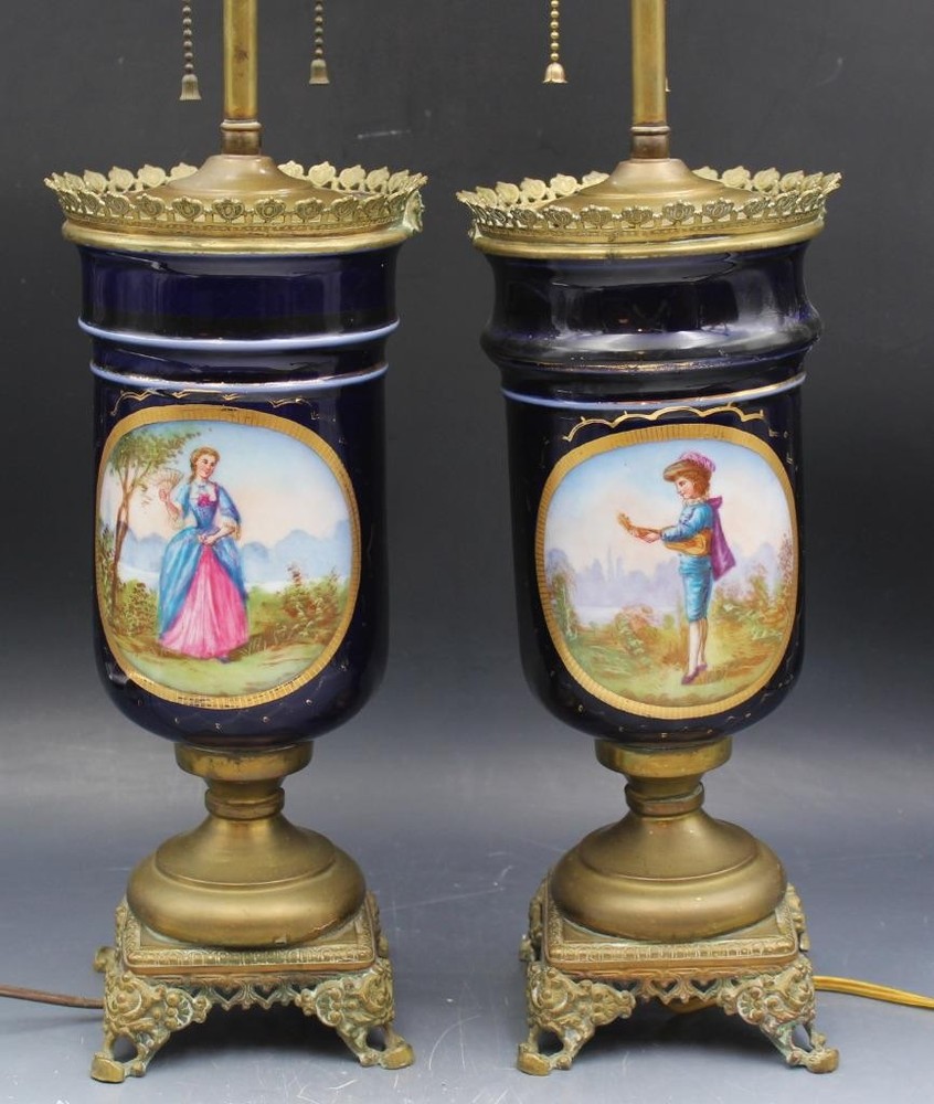 Antique Pair of Sevres Style Porcelain & Bronze Patina Hand Painted Table Lamps