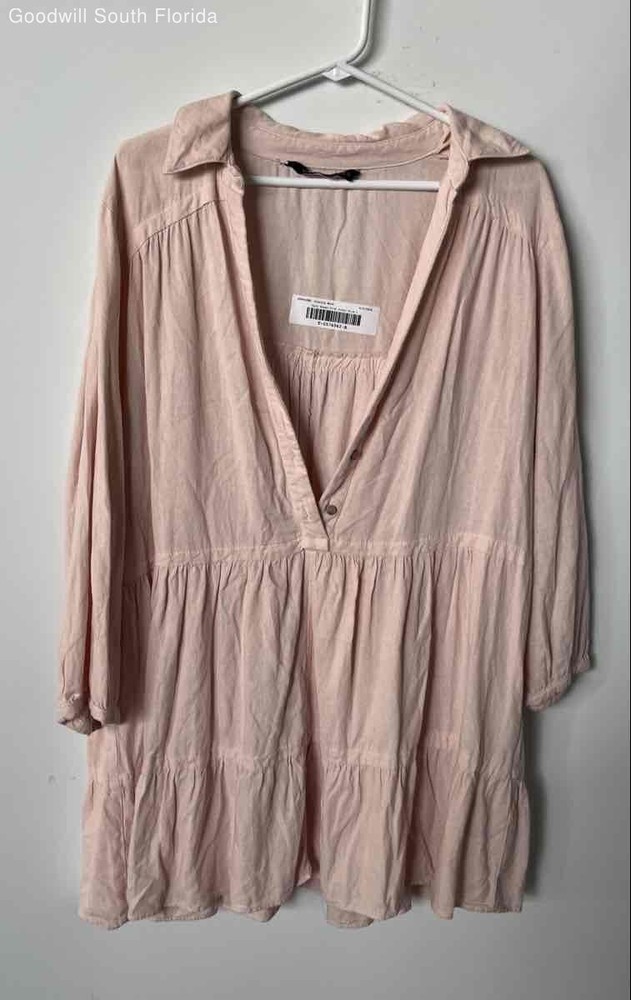 Zara Womens Pink Woven V-Neck Collared Button Front Mini Dress Size Large