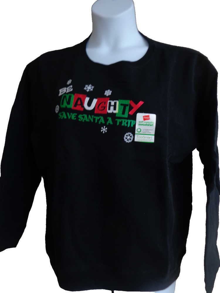 NWT Hanes Eco Smart M Christmas Glitzy Graphic Crew Neck  Sweatshirt Black