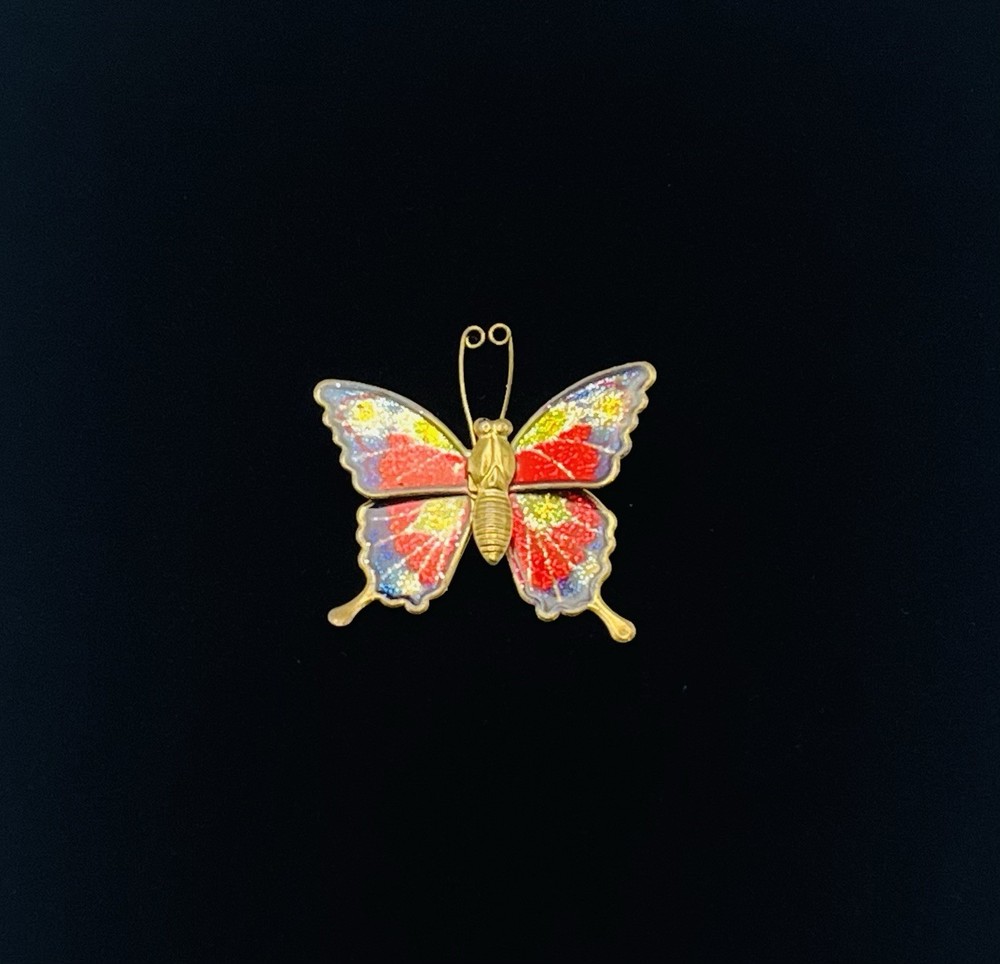 1970s Brooch Lapel Pin Butterfly Glitter Blue Red Pink Enamel Gold Tone Vintage