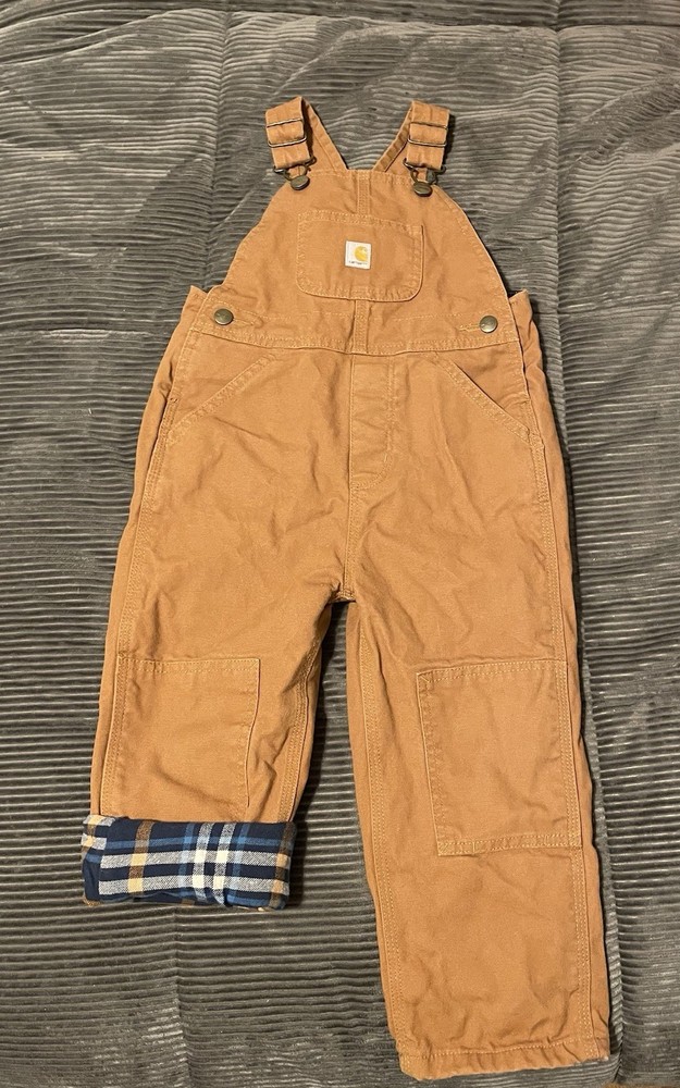 Toddler Carhartt Flannel Lined Double Knee Bib Overalls Brown Canvas 3T