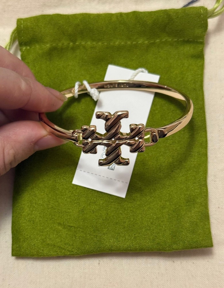 TORY BURCH Textured Logo Hinged Cuff Gold