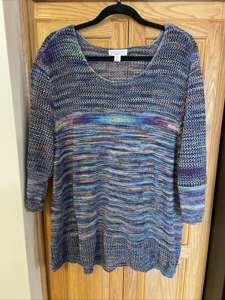 John Paul Richard Knit Sweater Women's 2XL XXL 3/4 Sleeve Multicolor Crew Neck