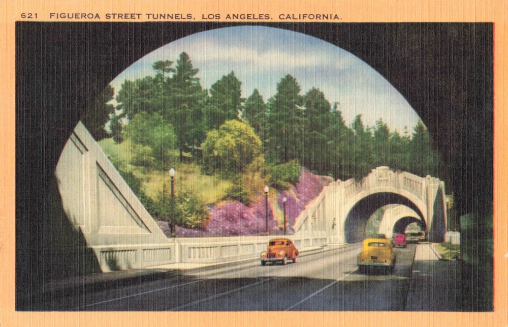 Los Angeles CA California, Figueroa Street Tunnels, Old Cars, Vintage Postcard
