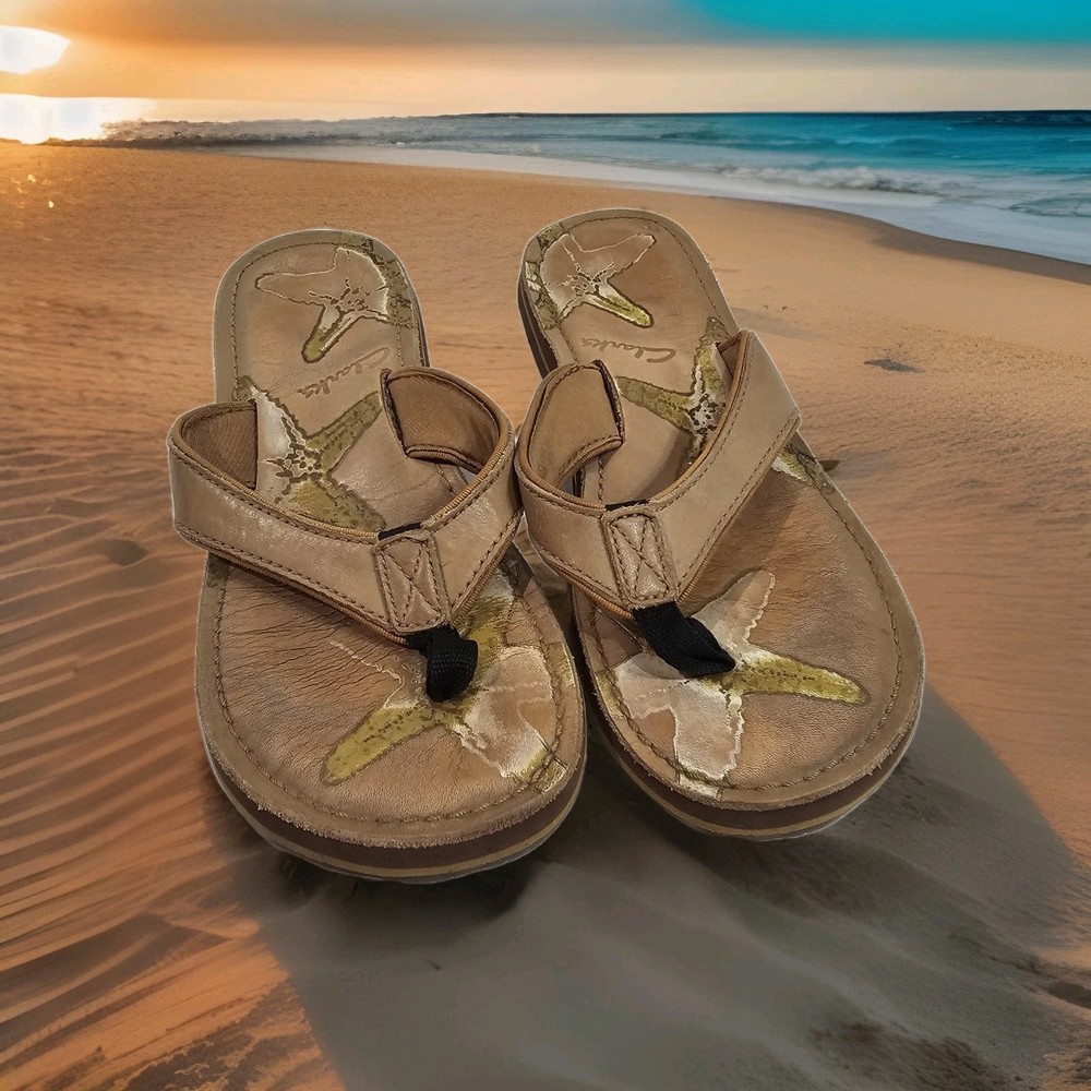 Clarks Women's Star Fish Leather Flip Flops Sandals Size 8M READ Measurements