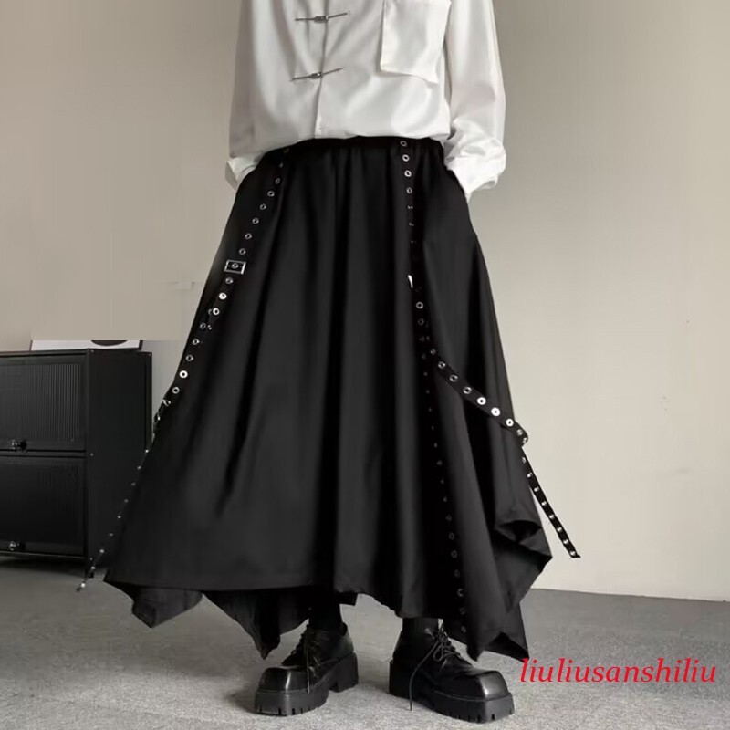 Japanese Mens Black Baggy Wide Leg Pants Gothic Punk Casual Skirt Trousers Retro