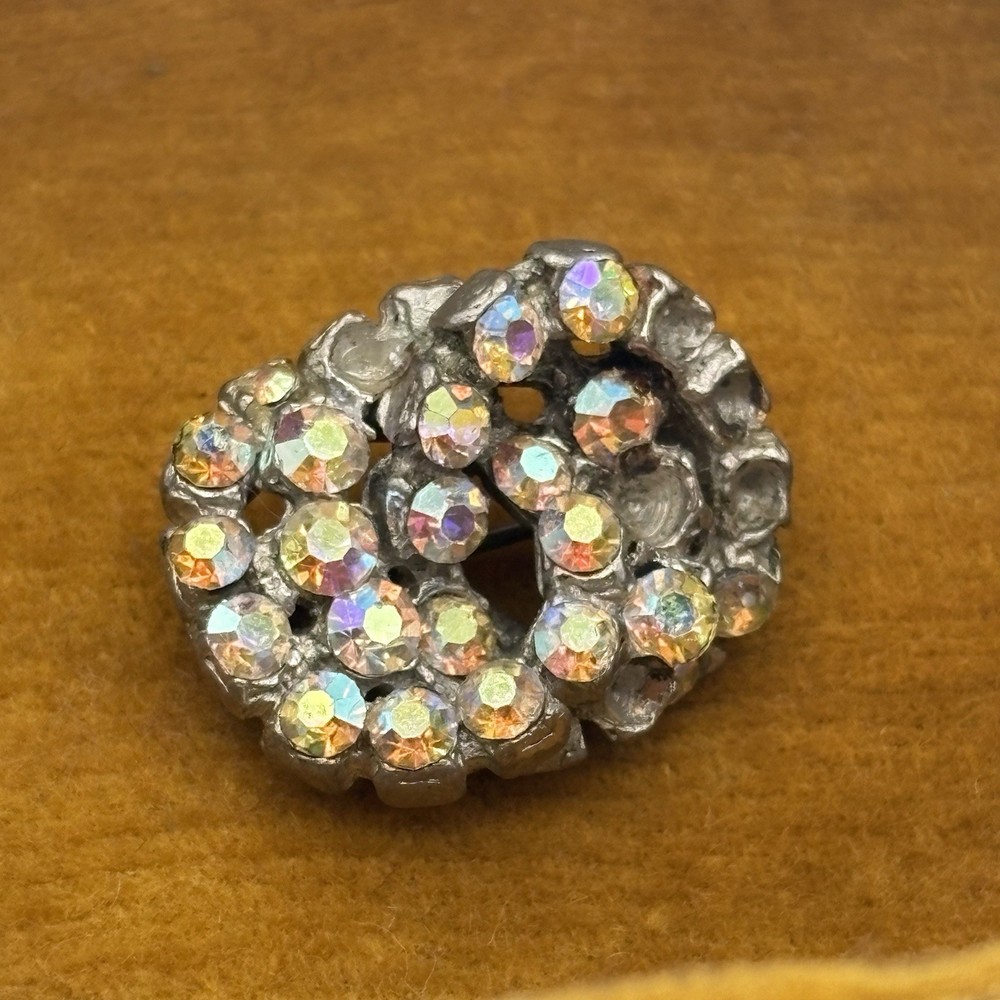 Vintage Aurora Borealis Rhinestone Cluster Brooch Pin Silver Tone