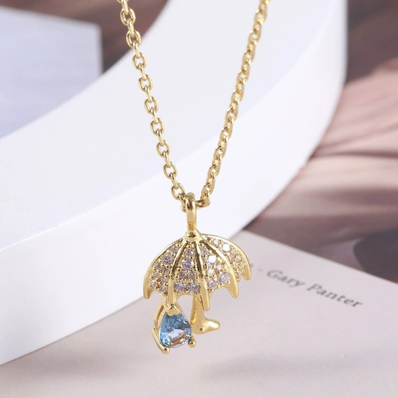 Diamond Studded Blue Water Droplet Pendant Necklace - Creative Design