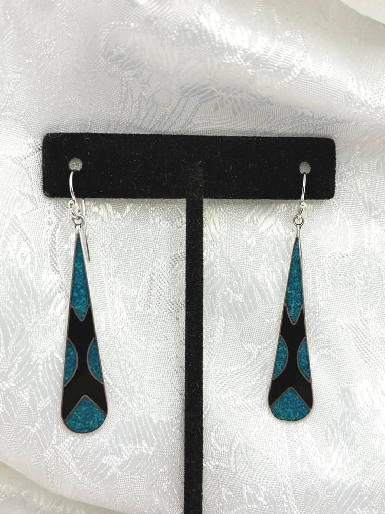 Vintage Taxco Mexican 925 Sterling Turquoise Chip & Black Enamel Pear Earrings