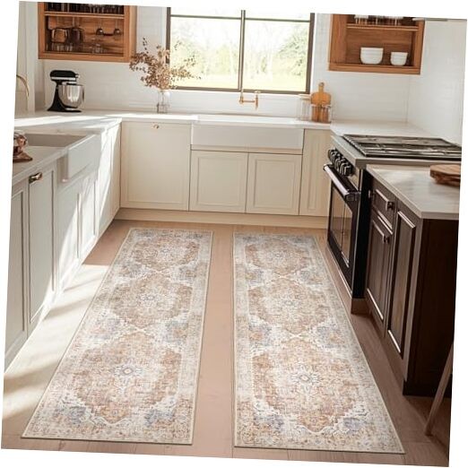 Vintage Brick Red Medallion Runner Rug 3x8 Lightweight Set of 2