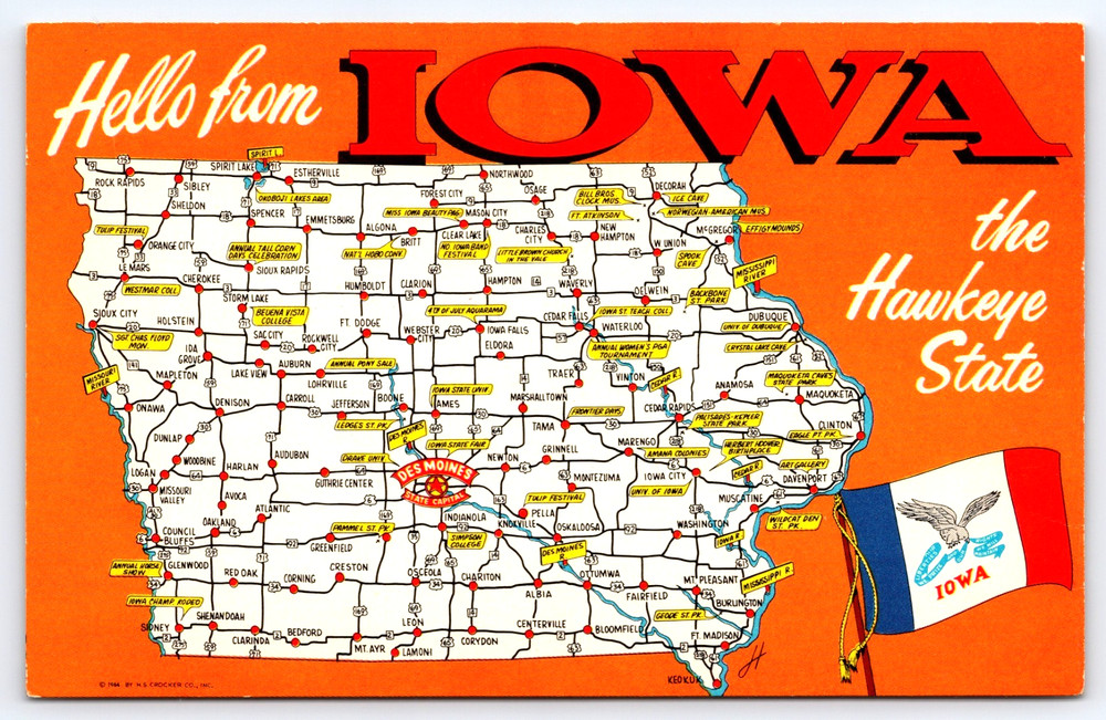 Hello From Iowa USA The Hawkeye State Road Map Flag Vintage Postcard